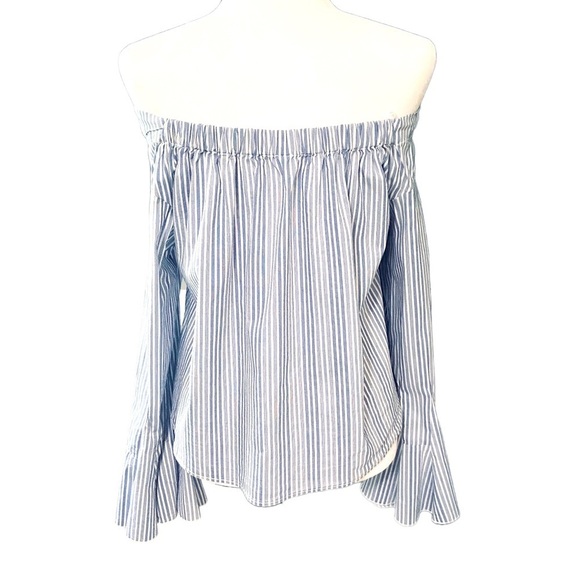 Free People Crop Top Shirt Blue Striped Bell Sleeve Off The Shoulder Sz Medium - Picture 4 of 15